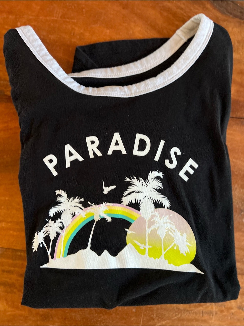 “Paradise” Graphic Ringer Tee Women’s Cut Black w/White and Palm Trees